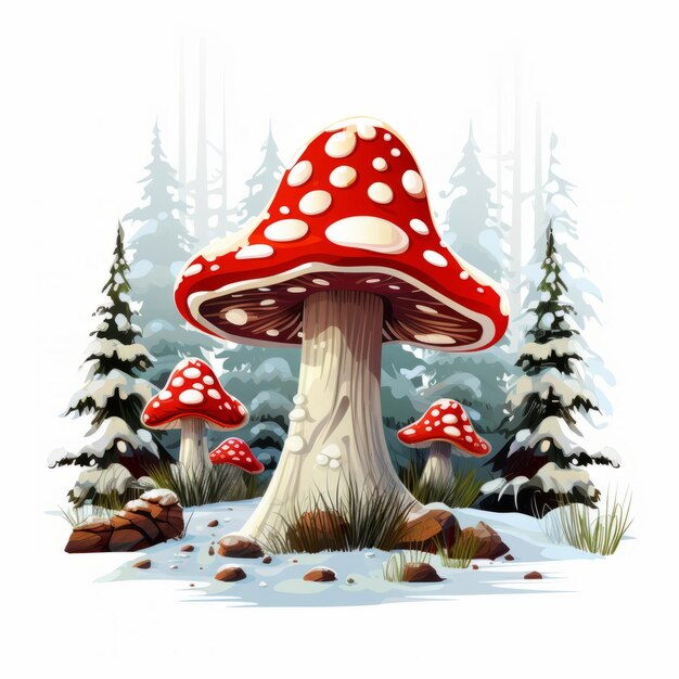 Mystical Winter Captivating Red Toadstools Against a Pristine White Forest Background 300ppi Vecto