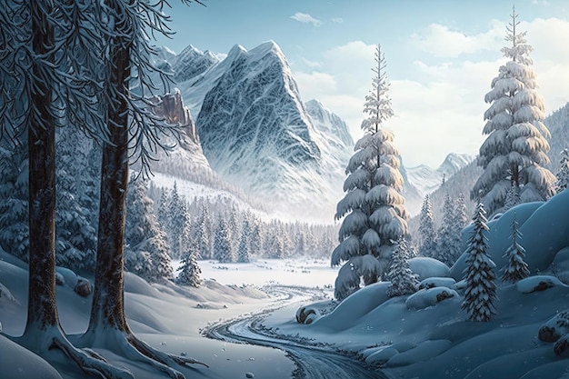 울퉁불퉁한 나무와 안개가 자욱한 분위기가 어우러져 오싹하고 신비한 느낌을 주는 신비로운 겨울 숲 Generated by AI
