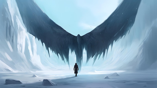 抽象的な正のエネルギーの背景に蓮のポーズで翼のあるシルエットを持つ神秘的な冬のシーン
