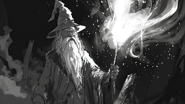 Mystical wizard casting spells with a wand Abstract doodle magical sorcery incantations wizardry fantasy mystical aura fascinating enchantment Generated by AI