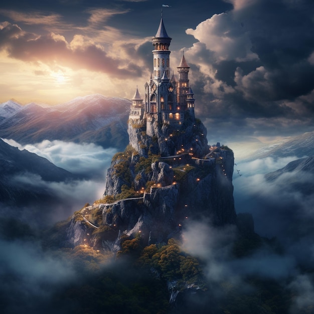 A mystical wizards tower on a mountaintop