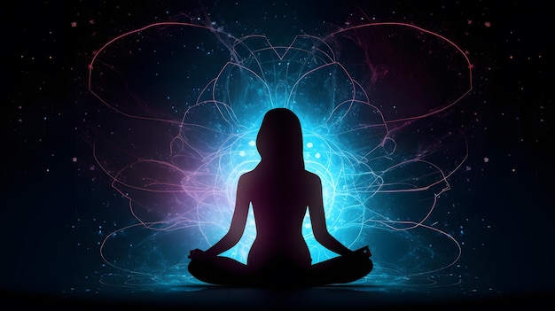 Mystical woman meditates in lotus pose emitting positive energy amidst abstract background