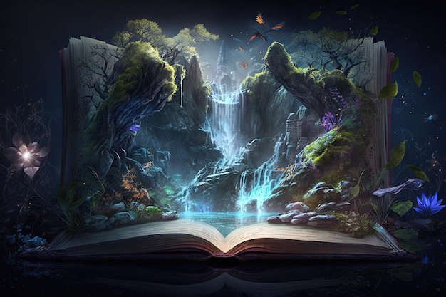 Mystiek boekconcept. er komt een boom uit een boek, digitale kunst uit fantasieland
