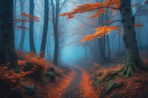 Mystiek donker herfstbos met pad in blauwe mist landschap met betoverde bomen met oranje bladeren op de takken