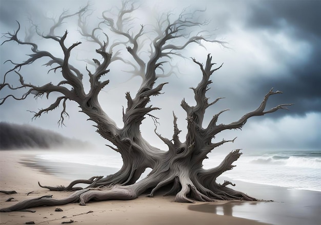 Mystiek landschap met dode boom op het strand gegenereerd door AI