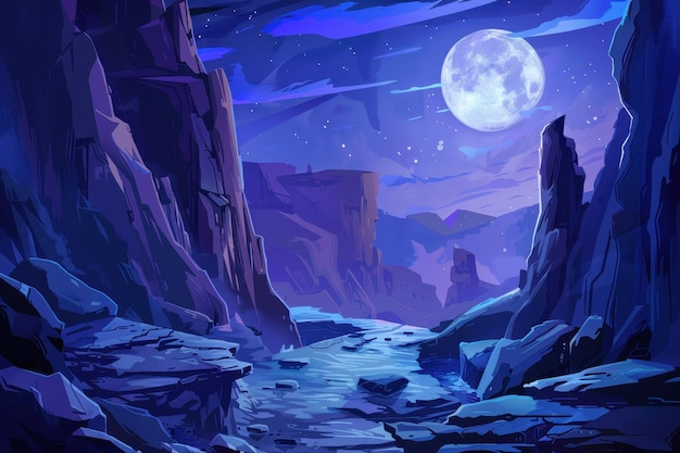 Mystiek maanverlicht berglandschap met rivier