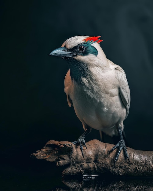 Foto mystiek portret van bali starling staand in studio kopieerruimte voor tekst op zwarte achtergrond