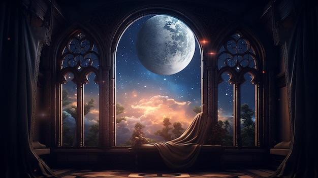 Mystiek venster met wassende maan aan de nachtelijke hemel Generatieve AI