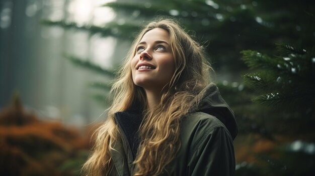 Mystieke Aura Een boeiende 169 Uitzicht op een vrouw omringd door het bos