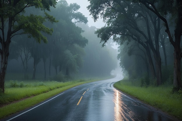 Foto mystieke avondregen op de landelijke weg