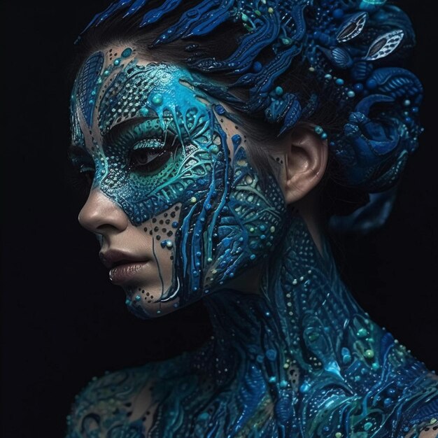 Mystieke blauwe oceanische kunstwerk boeiend gezicht verf ontwerp