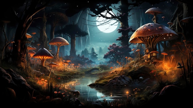 Mystieke bos scène met verlichte paddenstoelen magische kasteel gloeiende lichten en serene vijver reflecties