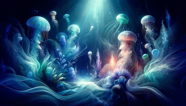 Mystieke dans van kwallen in de blauwe oceaan