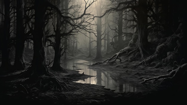 Mystieke en enge schoonheid van het donkere bos