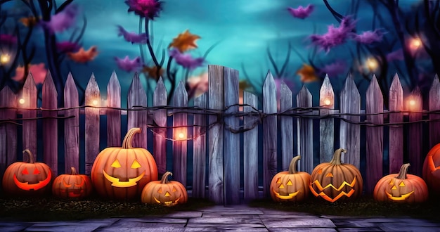 Mystieke Halloween Spooky Pumpkins versieren het hek om middernacht Generatieve AI