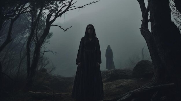 mystieke heks in lange zwarte jurk en met geschilderd gezicht staande opkijkend in donkere sombere bossen
