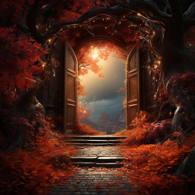 Foto mystieke herfstportaal in het betoverde bos
