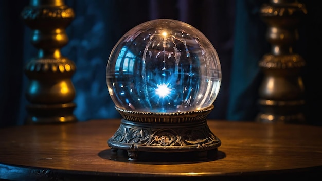 Foto mystieke kristallen bol op een gedrapeerde tafel straalt een spookachtige gloed uit.