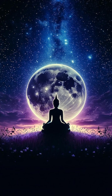 Mystieke maanopkomst meditatie in sterrenrijke nacht