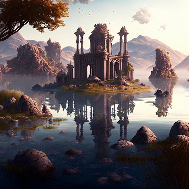 Mystieke mysterieuze ruïnes op de eilanden van het meer