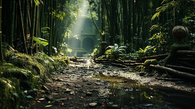 Mystieke Passage Majestueuze Bamboo Forest Pathway in Kyoto Japan te midden van hoge stengels