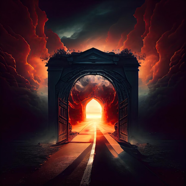 Mystieke poort van de hel midden op de weg midden in het licht