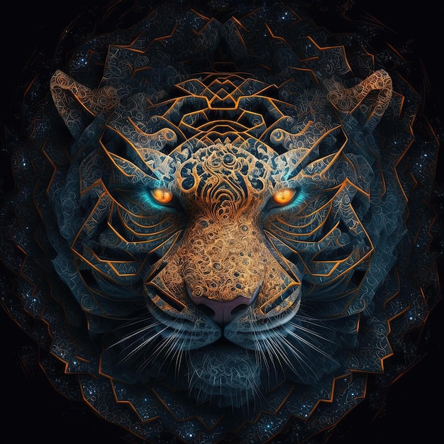 Mystieke tijgergezicht met verbazingwekkende vormen en angstaanjagende blik. Generatieve AI