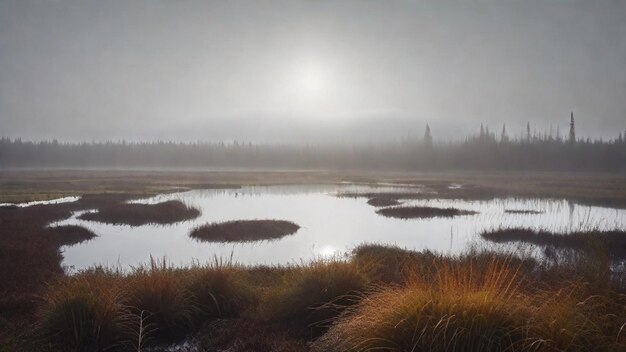 Mystieke veenmoerassen gehuld in mist