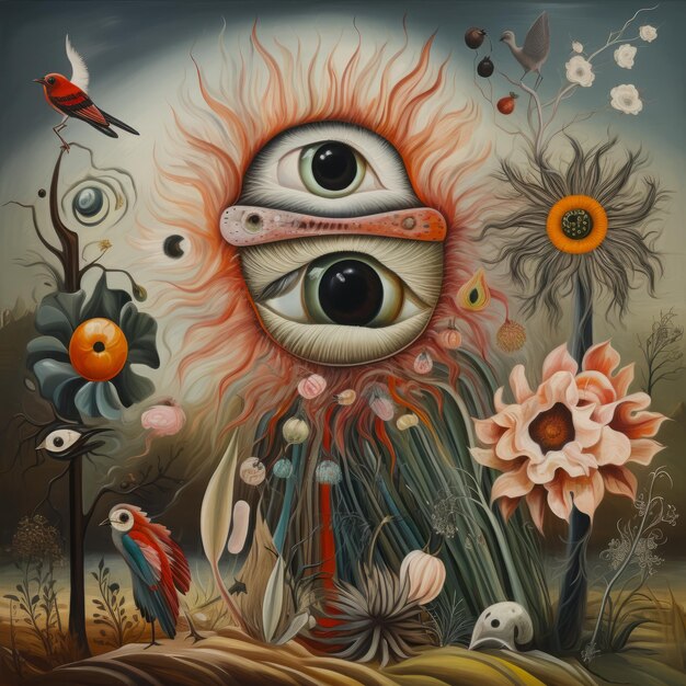 Mystieke visioenen surrealistische abstracties door gedempte kleuren veren ogen en bloemen in de 1