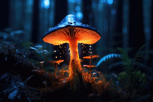 Mystieke vlieg agarics gloeien in een mysterieus donker bos sprookjes achtergrond voor Halloween