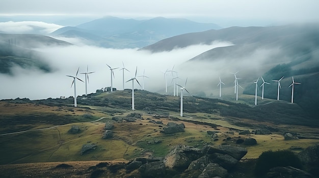 Mystieke windturbines betoveren mistige heuveltoppen met dichte patronen