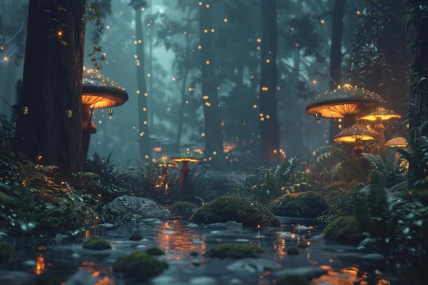 Mystisch bos met gloeiende paddenstoelen en vuurvliegjes.