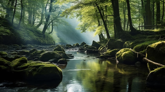 Mystisch bos met serene rivier en zonlicht