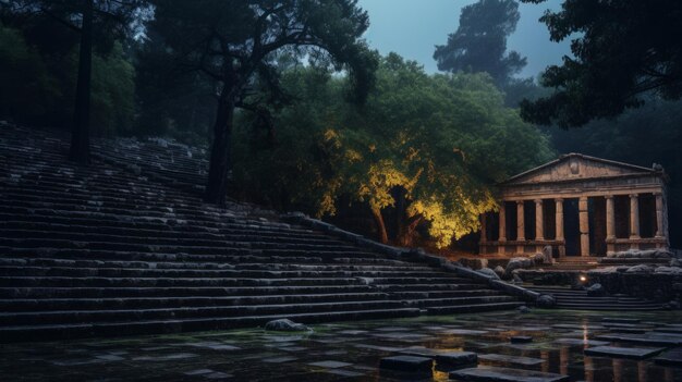 Mystisch bos omringt het Griekse theater in de schemering met vuurvliegjes
