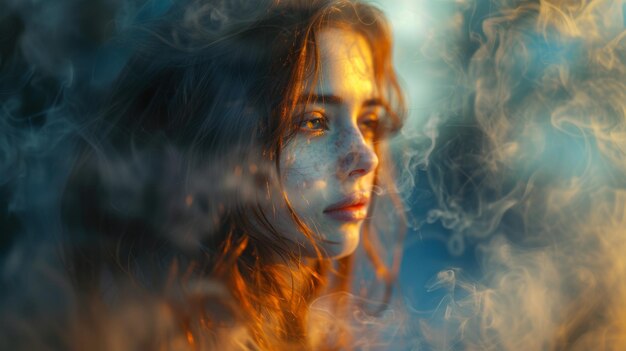 Foto mystisch portret van een jonge vrouw verzonken in wervelende rook onder blauw licht