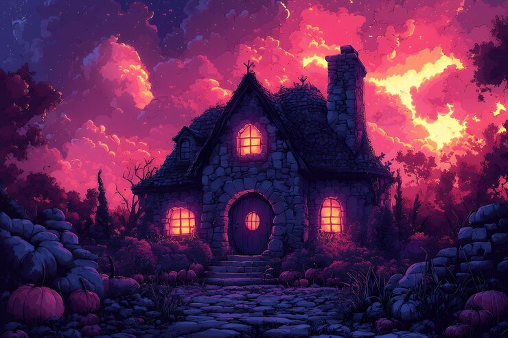 Foto mystisch stenen huisje bij zonsondergang