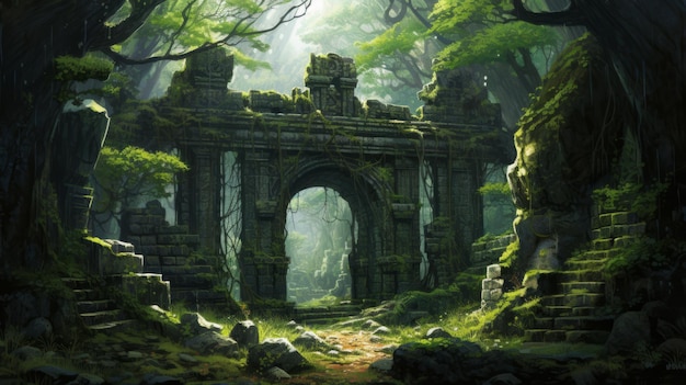 Mystische Jungle Gate Een boeiende Vray schilderij van oude ruïnes
