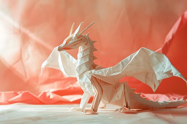 Photo mythical creature dragon toy in carmine color with fawn tail on pink cloth