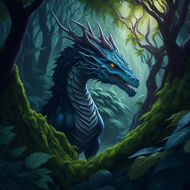 Photo a mythical dragon in a mystical forest generative ai