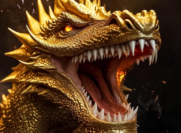 The mythical dragon opened its jaws Golden dragon with teeth and open mouth generated AI