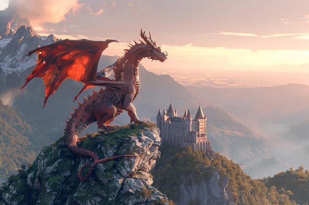 Mythical dragon perched on a mountaintop overlooki