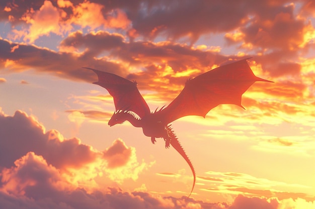 Mythical dragon soaring through a vibrant sunset s