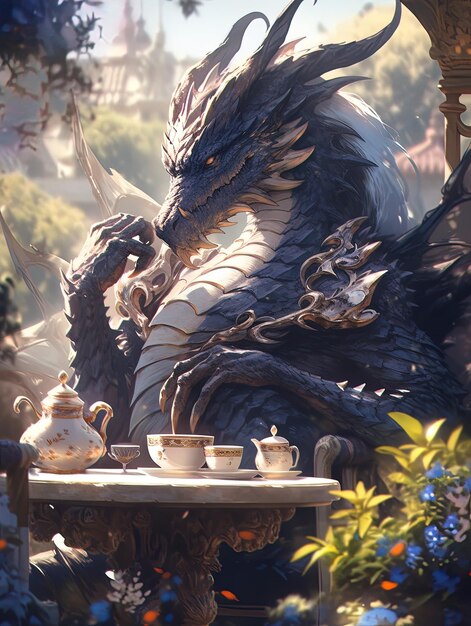 Photo mythical dragon with a cup of coffee in a cafe on a sunny day ai generative