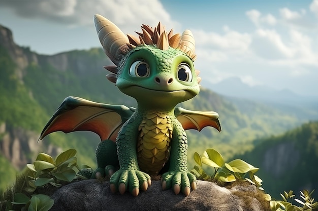 Mythical green baby dragon sits on top of a mountain symbol of 2024 to the Chinese calendar