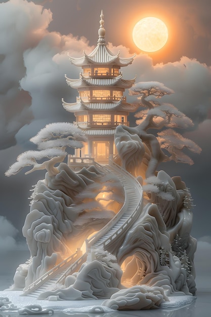 A mythical pagoda sculpture atop a snowcovered mountain under a cloudy sky