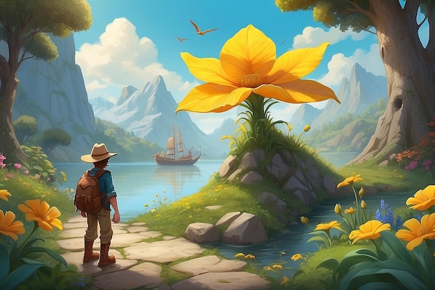 Mythical Quest Character Seeking Golden Pappy Flower Illustration