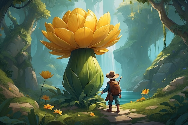 Mythical Quest Character Seeking Golden Pappy Flower Illustration