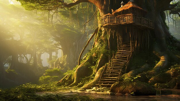 Photo mythical retreat indian forest huts with tree house vibes