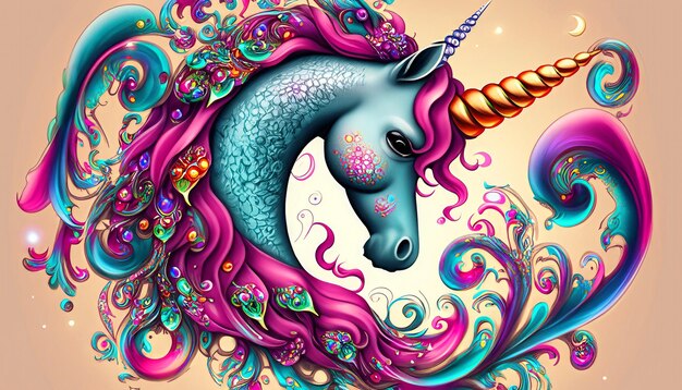 Foto lo splendore mitico dell'unicorno con la criniera fluente e il corno intrinsecamente adornato una maestosa fusione