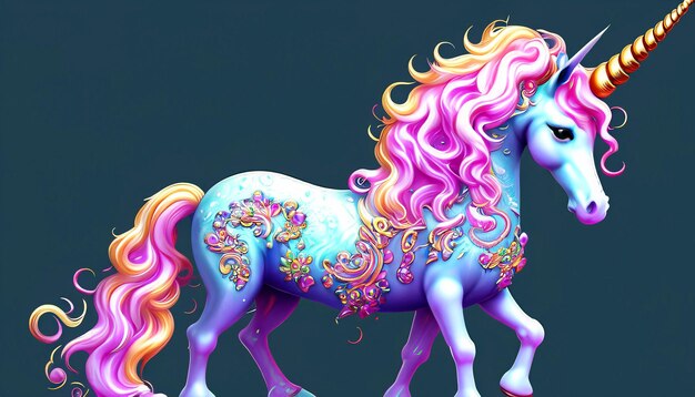 Photo mythical splendor unicorn with flowing mane and intricately adorned horn a majestic fusion